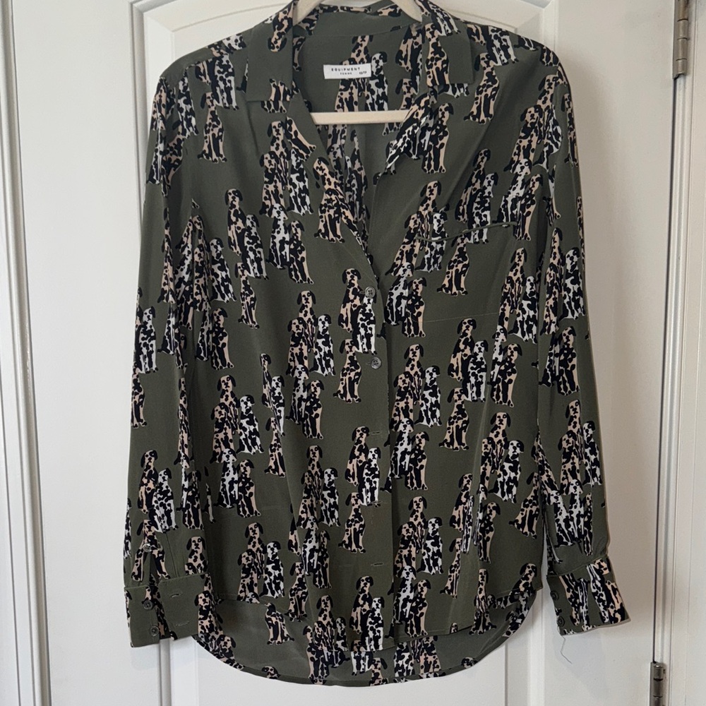 100% Silk Equipment Olive Dog Print Button Down Shirt
